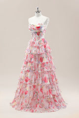 Sweet Floral Strapless Long Tiered Ruffle Ball Gown Print Prom Dres
