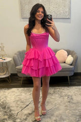 Romantic Corset Homecoming Dress with Square Neckline and Tiered Tulle Layers