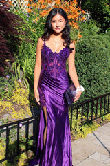 Mermaid Purple Corset Prom Dress with Spaghetti Straps and Appliqué Detail