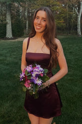 Pretty Plum Mini Dress with Spaghetti Straps and Sleek Sheath Design