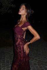Burgundy Sweetheart Mermaid Long Dress with Elegant Lace Accents