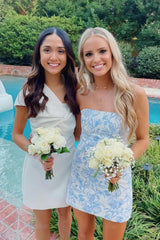Stylish Light Blue Sheath Party Dress with Strapless Neckline and Short Hem