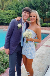 Stylish Light Blue Sheath Party Dress with Strapless Neckline and Short Hem