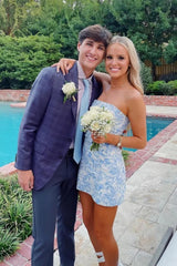 Stylish Light Blue Sheath Party Dress with Strapless Neckline and Short Hem