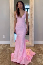 Chic V-Neck Beaded Mermaid Prom Dress with Illusion Side Panels