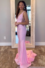 Chic V-Neck Beaded Mermaid Prom Dress with Illusion Side Panels