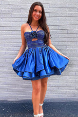 Chic Royal Blue Satin Mini Homecoming Dress with Embellished Halter Top