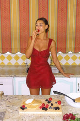Retro Red Polka Dot Halter Homecoming Dress with Fitted Mini Skirt