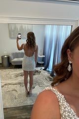 Pretty White Pearl Embellished Corset Homecoming Dress with Deep V Neck Design