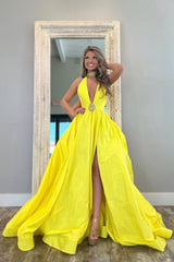 Elegant Yellow A-Line Satin Prom Gown with Deep V-Neckline and Beading