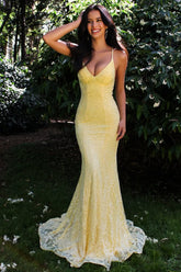 Yellow Lace Mermaid Prom Dress with Strappy V-Neck Bodice and Flowing Train