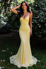 Yellow Lace Mermaid Prom Dress with Strappy V-Neck Bodice and Flowing Train