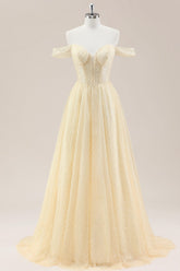 Yellow Off-Shoulder Glitter Pearls Prom Dress with Corset Bodice