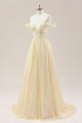 Yellow Off-Shoulder Glitter Pearls Prom Dress with Corset Bodice