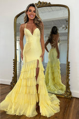Romantic Yellow Sparkle Beaded Top Dress with Corset Back and Side Slit