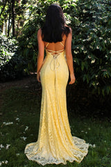 Yellow Lace Mermaid Prom Dress with Strappy V-Neck Bodice and Flowing Train