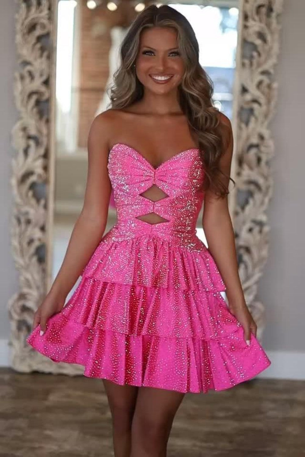 Glitter A-Line Homecoming Dress with Beaded Cutout Bodice and Tiered Skirt