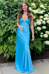 Romantic Aqua Blue Satin Prom Gown with Lace Bodice and Spaghetti Straps