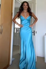 Romantic Aqua Blue Satin Prom Gown with Lace Bodice and Spaghetti Straps