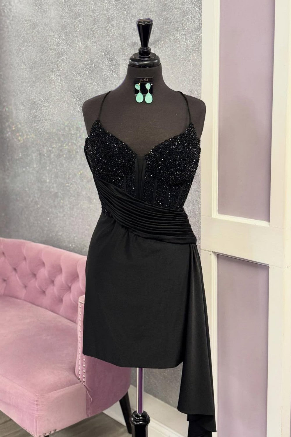 Chic Black Mini Homecoming Dress with Beaded Corset and Side Drape Detail