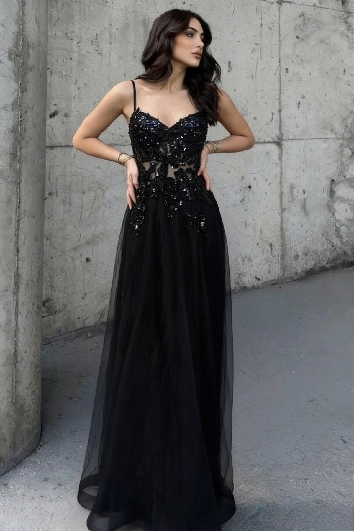 Romantic Black Beaded A-Line Prom Dress with Spaghetti Straps and Sheer Top