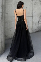 Romantic Black Beaded A-Line Prom Dress with Spaghetti Straps and Sheer Top