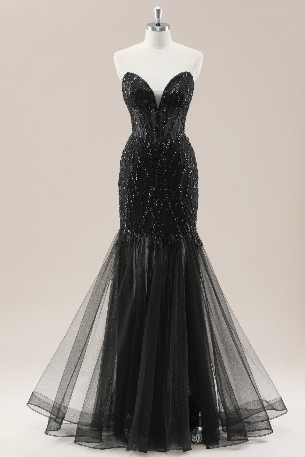 Black Beaded Strapless Mermaid Lace Up Prom Dress for Formal Evening