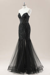 Black Beaded Strapless Mermaid Lace Up Prom Dress for Formal Evening