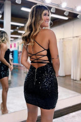 Luxury Black Sequin Mini Homecoming Dress with Elegant Cross Back Design