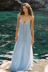 Grey Blue A-Line Spaghetti Strap Long Party Dress with Beaded Detail