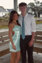 Chic Mint Green Mini Homecoming Dress with Glitter Sequins and Flowy A Line Skirt