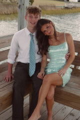 Chic Mint Green Mini Homecoming Dress with Glitter Sequins and Flowy A Line Skirt