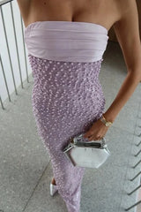 Elegant Lilac Strapless Sheath Prom Dress with Pearl Beading and Side Slit