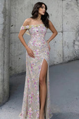 One Shoulder Shimmer Sequin Prom Dress with Floral Embellished Detail