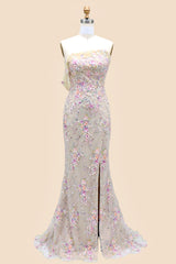 One Shoulder Shimmer Sequin Prom Dress with Floral Embellished Detail