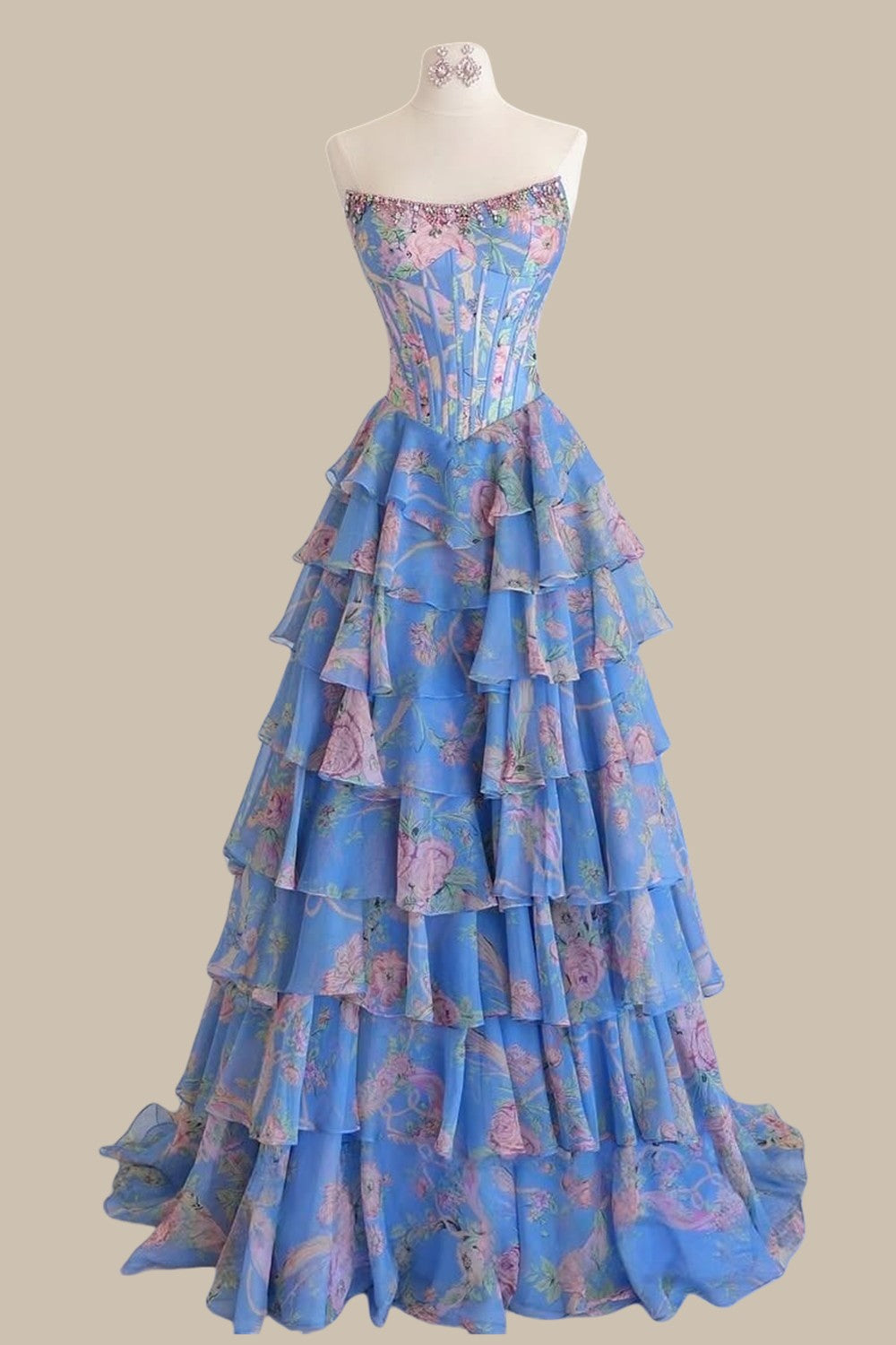 Blue Floral A-Line Strapless Corset Prom Dress with Tiered Ruffle Skirt