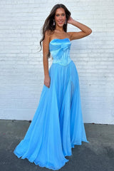 Blue Strapless Corset Prom Dress with Flowing Chiffon Skirt and Bow Bodice