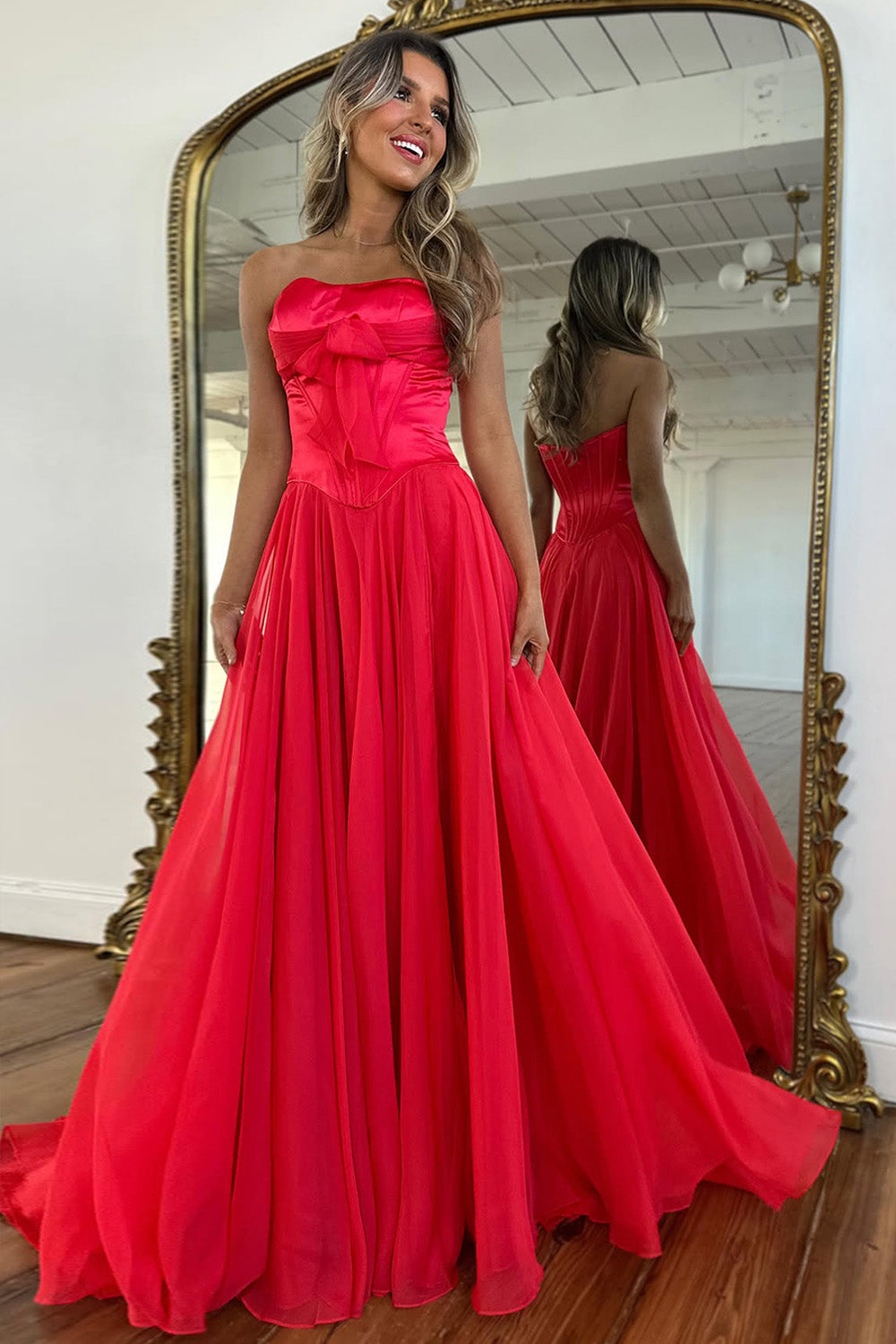 Blue Strapless Corset Prom Dress with Flowing Chiffon Skirt and Bow Bodice