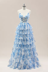 Blue Spaghetti Straps Lace Up Floral Tiered Tulle Ball Gown Prom Dress
