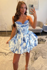 Romantic Blue Print Satin Homecoming Dress with Sweetheart Top and Flared Skirt