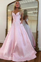 Blush Ball Gown Prom Dress with Pearl Corset Bodice and Full Flowing Skirt