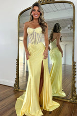 Romantic Blush Pink Crystal Beaded Prom Dress with Strapless Corset and Slit