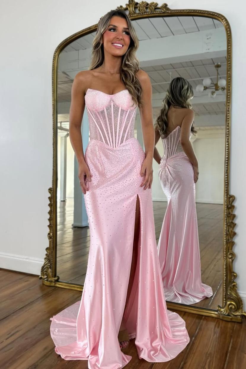 Romantic Blush Pink Crystal Beaded Prom Dress with Strapless Corset and Slit