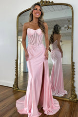 Romantic Blush Pink Crystal Beaded Prom Dress with Strapless Corset and Slit