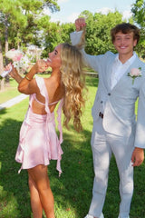 Trendy Blush Pink Dress with Side Cutouts and Statement Ruffle Straps