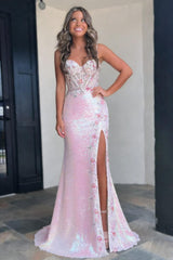 Romantic Blush Pink Sequin Floral Mermaid Prom Dress with Corset Bodice and High Slit