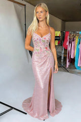 Stunning Blush Pink Spaghetti Strap Prom Gown with Floral Sequins and Slit