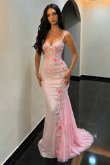 Blush Pink Mermaid Prom Dress with Beaded Floral Design and Spaghetti Straps