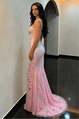 Blush Pink Mermaid Prom Dress with Beaded Floral Design and Spaghetti Straps