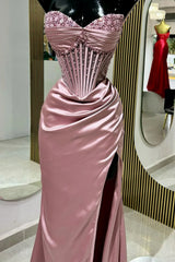 Romantic Blush Pink Satin Mermaid Prom Gown with Beaded Corset and Side Slit